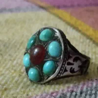 انگشتر نقره با نگین فیروزه وعقیق
