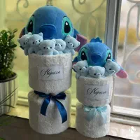 دسته گل استیج و خرس و بوکت استیچ آبی کادوی تولد