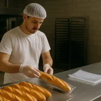 کارگر آقا برای بسته بندی نان فانتزی در شیفت شب