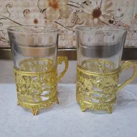 ۲ دست استکان پایه دار فلزی طلایی