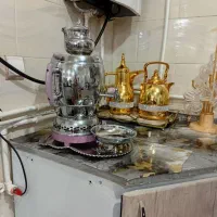 سماور گازی نقره‌ای استیل به همراه قوری و سینی