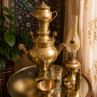 ست کامل سماور برنجی مهر‌دار آنتیک