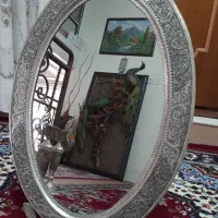 آیینه و شمعدان قلمزنی برنج با آبکاری نقره