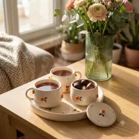 ست چای‌خوری سرامیکی دست‌ساز گیلاس و پرتقال برجسته