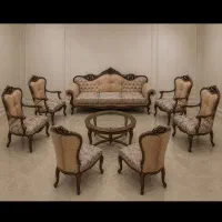 صندلی استیل چوب راش پارچه ترک ست‌۹ نفره میز و شیشه