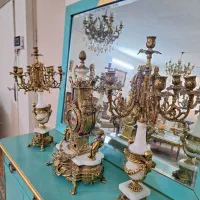 شمعدان و ساعت تمام برنجی با سنگ مرمر اصل
