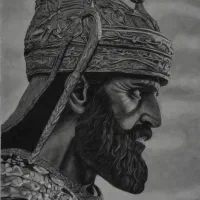 نقاشی سیاه قلم کوروش بزرگ، قاب شده.