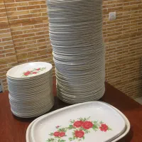 سرویس ملامین گل قرمزی و بشقاب استیلStainless steel