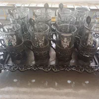 سینی سیلور با دو دست لیوان وسینی آینه‌ای دکوری