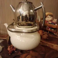 کتری لعابی دسته استیل و قوری استیل