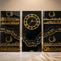 ست ساعت تابلودیواری۳تکه لوکس رزینی/کالیگرافی طلایی