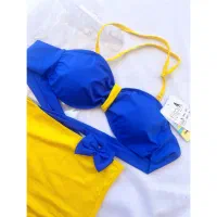 مایو دخترانه آبی کاربنی مدل دو تکه