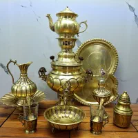 سماور ذغالی آینه موجی به همراه سرویس تمام برنج