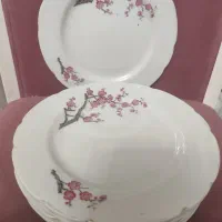 یک دست پلو خوری انتیک گل صورتی شکوفه ای لب طلایی