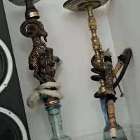 دوتا قلیون برنجی تنه یکیش چوب سرخ