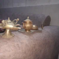 پیسوز ۵ شعله قدیمی،  ست سینی و قوری فسقلی برنجی