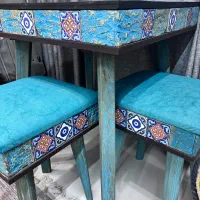 ست میز و صندلی چوبی فیروزه ای
