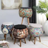 پاف مراکشی گرد چهارپایه چوبی