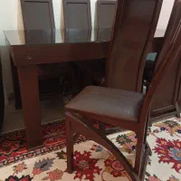 میز ناهارخوری ۶ نفره چوب اصل شیشه ۸ میل ، روکش چرم