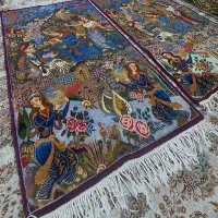 دو تخته قالیچه دست بافت طرح بزم می شعر خیام