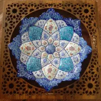 بشقاب مینا کاری با قاب چوبی قطر ۱۶ سانت