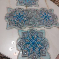 رومیزی ۳تکه حریر مخمل ملیله دوزی شده هندی