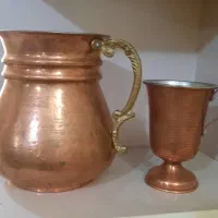 پارچ  و ۱۲ عدد لیوان نو مس زنجان سنگین و قدیمی