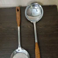 کفگیر ملاقه استیل دسته چوبی