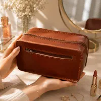 کیف آرایشی چرم طبیعی دست‌دوز
