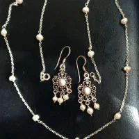 گردنبند و گوشواره نقره با سنگ مروارید اصل