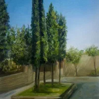 نقاشی رنگ و‌روغن درخت سرو