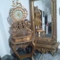 آینه کنسول و ساعت رومیزی چوبی