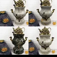 سماور و قوری سه کاره طرح سنگ آکبند طلایی