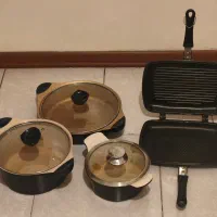 ست قابلمه و ماهیتابه تفلون همراه تابه چدن دوطرفه