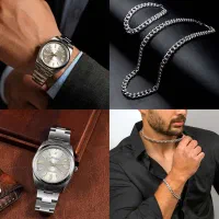 پکیج نیم ست نقره ای ،ساعت رولکس نقره ای