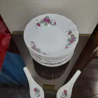 آبگوشت خوری و قاشق چینی گلسرخی قدیمی