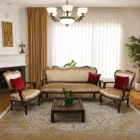 نیم‌ست مبل کلاسیک چوب راش با پارچه مخمل کرم