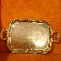سینی  برنجی نفیس درباری قاجار روکش نقره و طلا