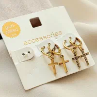 گوشواره حلقه ای آویزدار دوتایی صلیب با روکش طلا