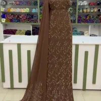 پارچه مجلسی ژورژت کارشده با کریستال هفت رنگ