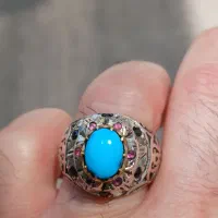 انگشترفیروزه عجمی سنگ طبیعی نیشابوری بامخراج یاقوت