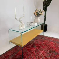 میز شیشه ای کنسول با شلف چوبی رنگی - تولیدی