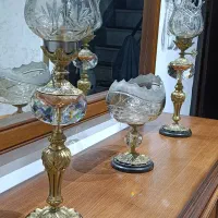 دو عدد شمعدان کریستالی برنجی