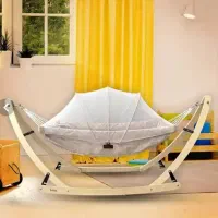 گهواره نوزاد چوبی با پایه گهواره‌ای + پشه‌بند