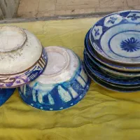 ظروف سفالی قلم آبی وفلزی قاجاری