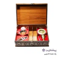 پک هدیه زعفران شیک لوکس جعبه چوبی خاتم هاون جام