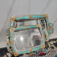 دو عدد سینی استیل طرح سرامیکی لبه طلا