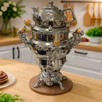 سماور 3تکه 3کاره گازی کروم 6لیتر پاکان