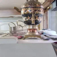 سماور زغالی برنجی قلم خورده ،چهار قل معرق چوب