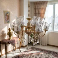 لوستر برنزی ۵شاخه ۱۰ شعله با لاله وکریستال